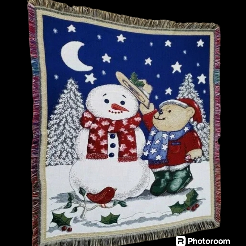 Winter Throw Blanket Tapestry Bear Building A Snowman Night Sky Moon Stars Bird